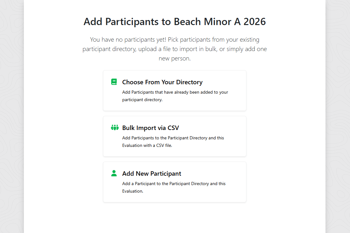 The participants step showing the directory list, add new button, and import option