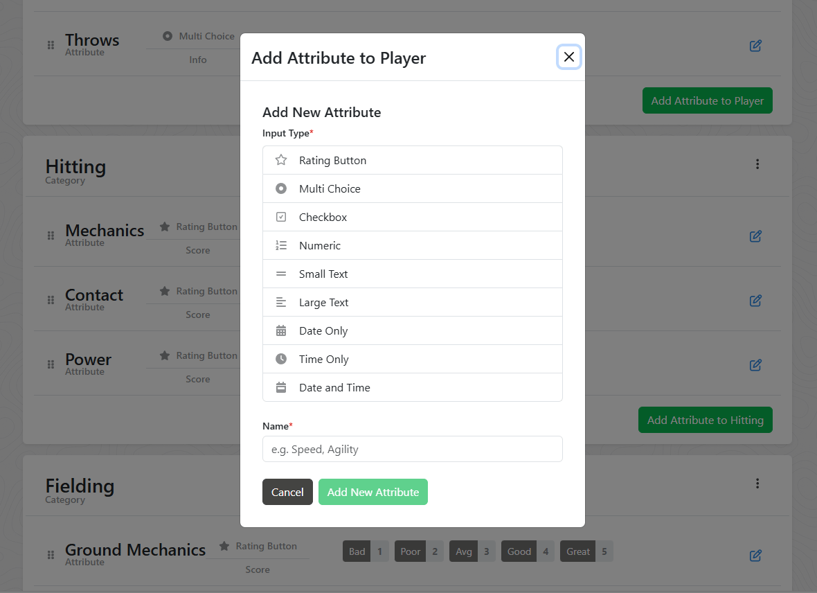 examples of rating buttons, numeric input, checkboxes, and text input types