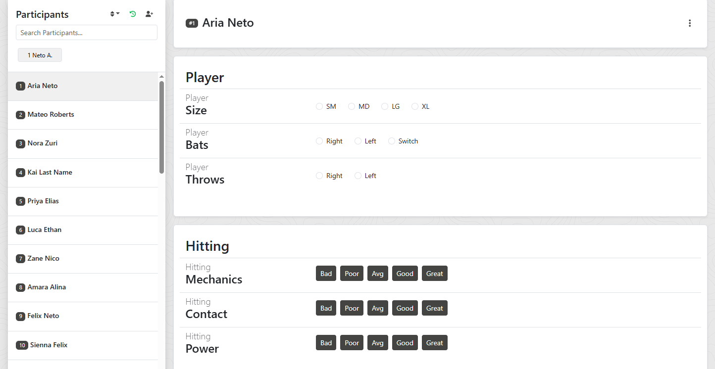 The evaluation screen showing participant list (left), participant header (top), and evaluation form (center)