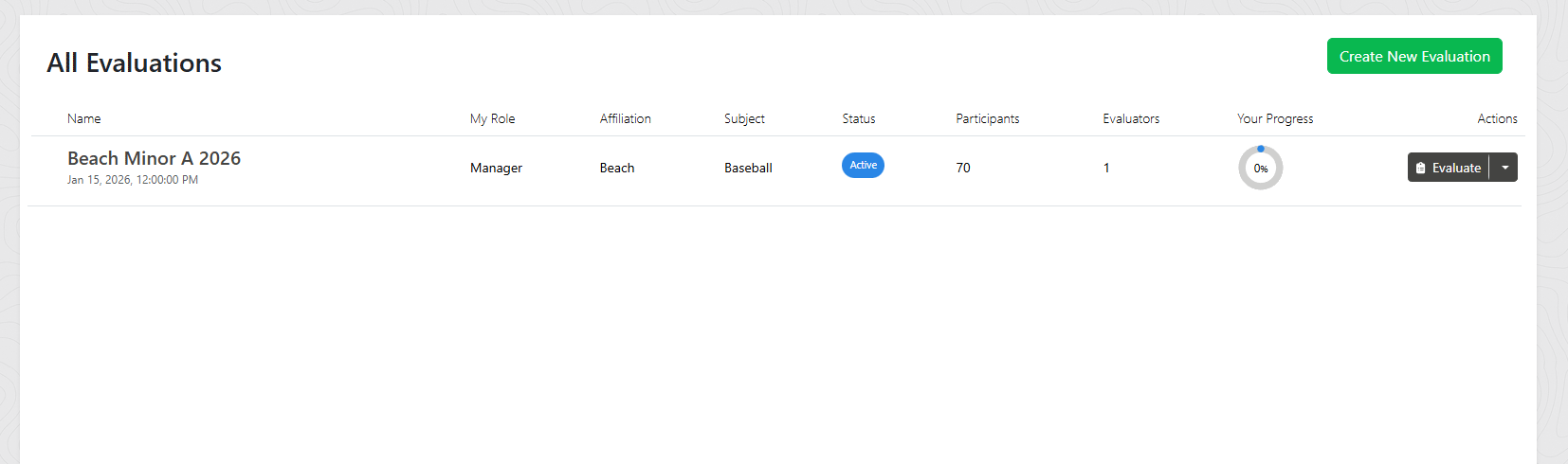 The evaluations dashboard showing an active evaluation with the Evaluate button