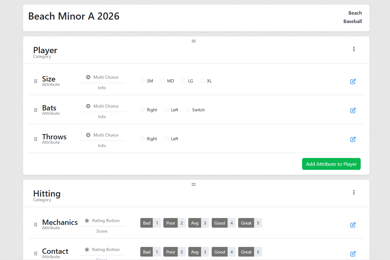 The form builder showing categories on the left and attributes on the right