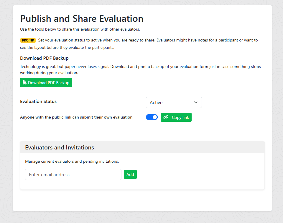 The publish step showing the public link toggle and email invitation form