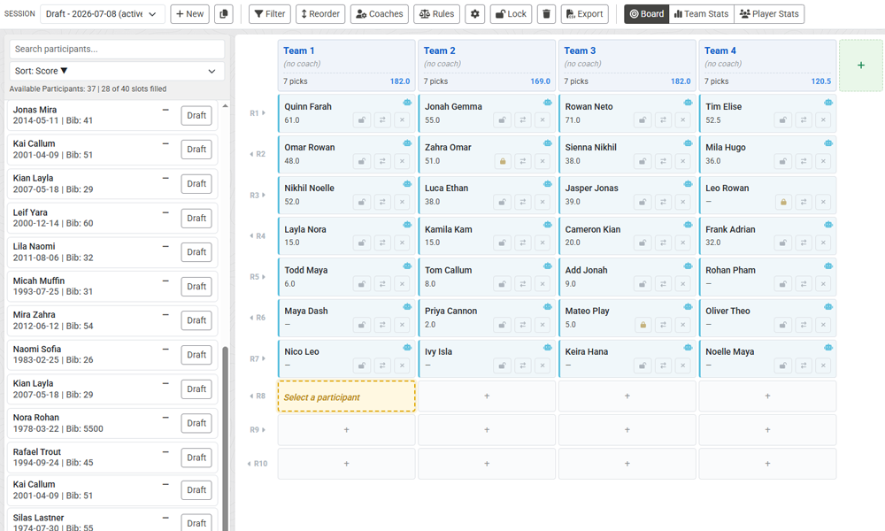 Ridge Rank Team Builder draft board with balanced team rosters