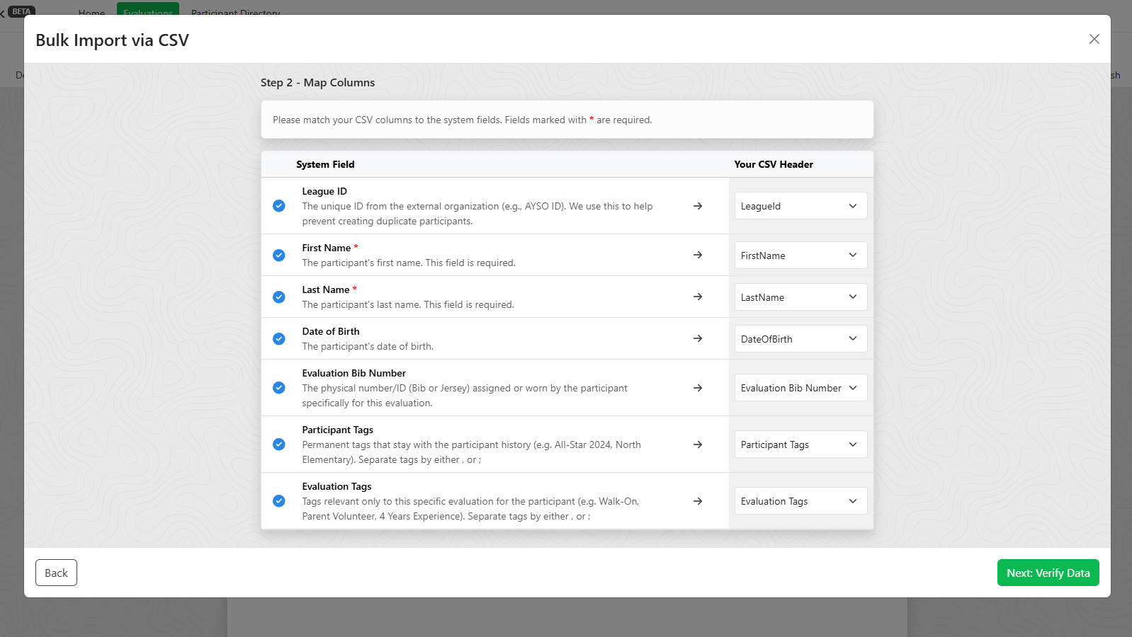 The CSV import dialog showing column header mapping