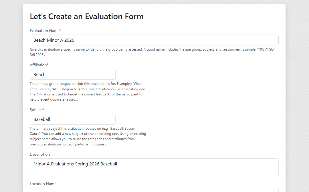 The evaluation details form with name, affiliation, subject, and location fields