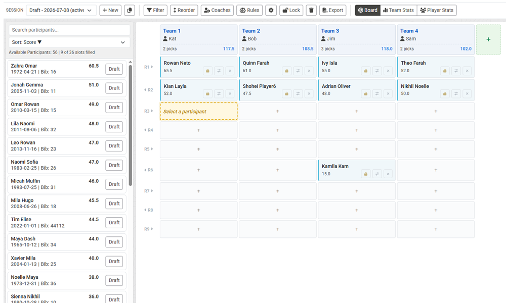 The Team Builder draft board with teams as columns and rounds as rows