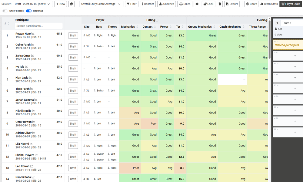 The Player Stats view comparing available players across attributes